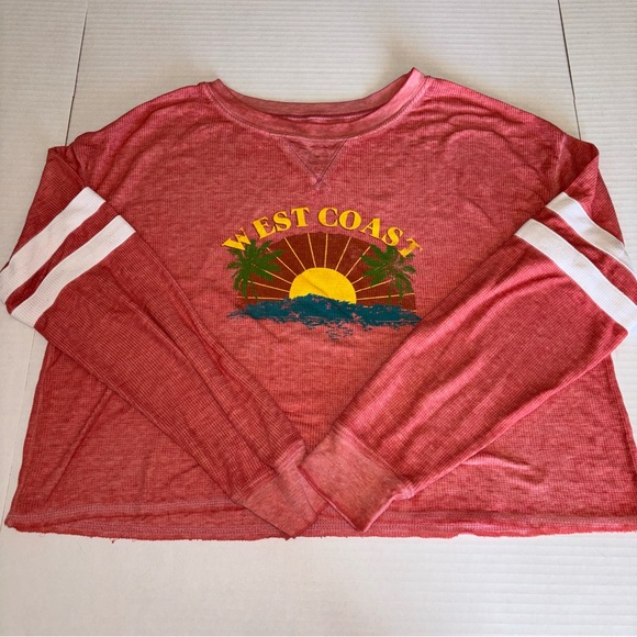 Fifth Sun Tops - Fifth Sun Coral Long Sleeve Shirt with West Coast Graphic and sports striped